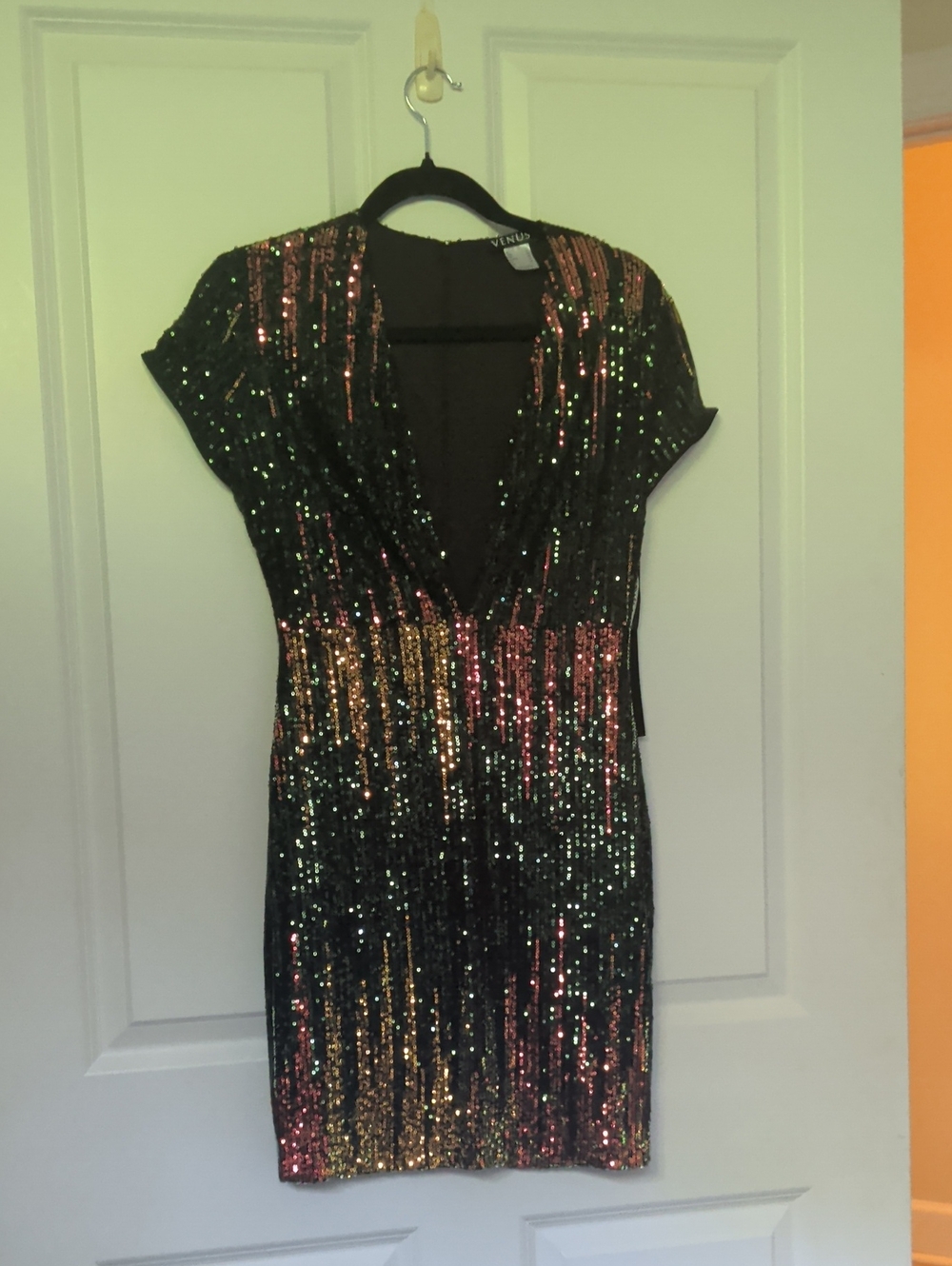 NEVER WORN- VENUS Black Sequin Mini Dress with Gold and Pink Vertical Accents